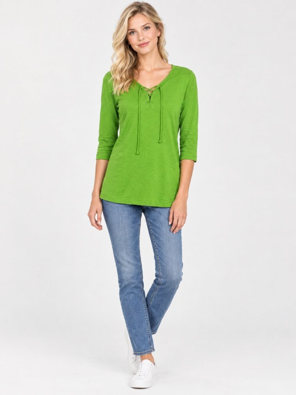 2/$30 Lands' End Lace-up Peasant Tunic Top 3/4 Sleeve Lime Green 14- 16 #A4794